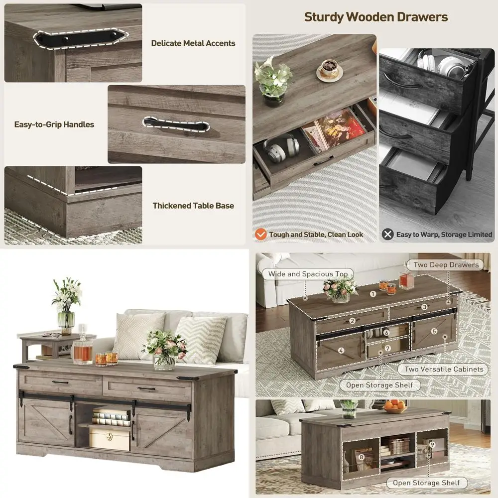 

Large Greige Rustic Coffee Table with Storage, Sliding Barn Doors & Open Shelves