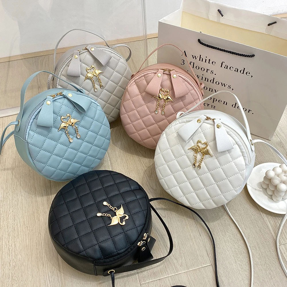Bolso redondo pequeño de mano bordado con estampado de diamantes de ocio, nuevo cros de mujer con decoración de doble herón simple y moderna