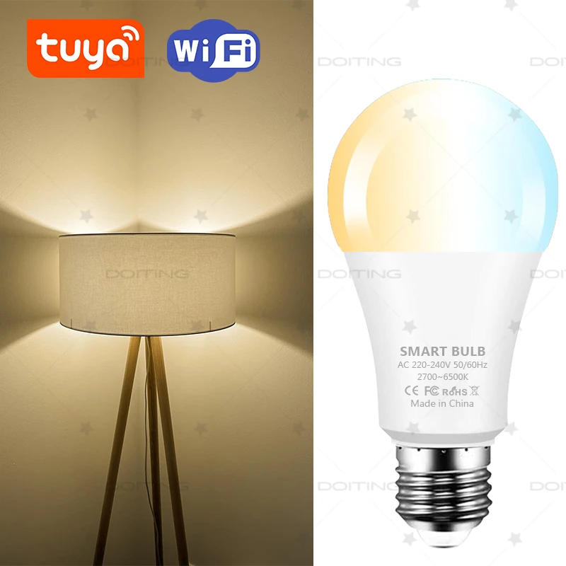 Lampadina LED Smart WIFI E27 Tuya Smart Life APP Il controllo funziona con Alexa Google 220V Dimmerabile Luce bianca calda CCT 2700-6500K