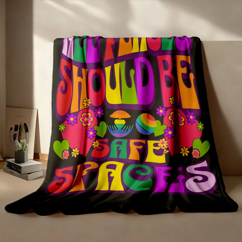 Pride Month Planets Flannel Throw, All Places Should Be Safe Spaces Flannel Blanket, Pride Rainbow Cozy Blanket, Trans R