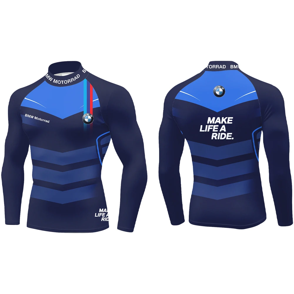 

2025 New BMW Men's Half High Neck Long Sleeve T-shirt with Blue Background Classic Fashion Racing Cycling Sports Fitness
