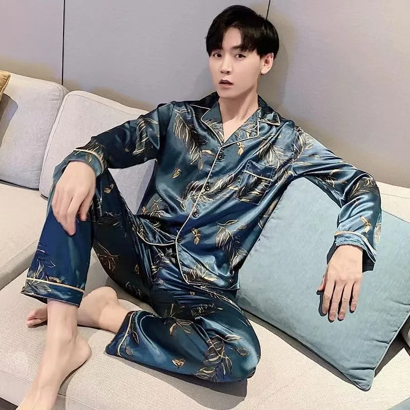 Men's Pajamas Spring Autumn Sleepwear Teenager Thin Silk Homewear Set 2024 New Long Sleeve Fashion Loungewear V-neck Nightwear