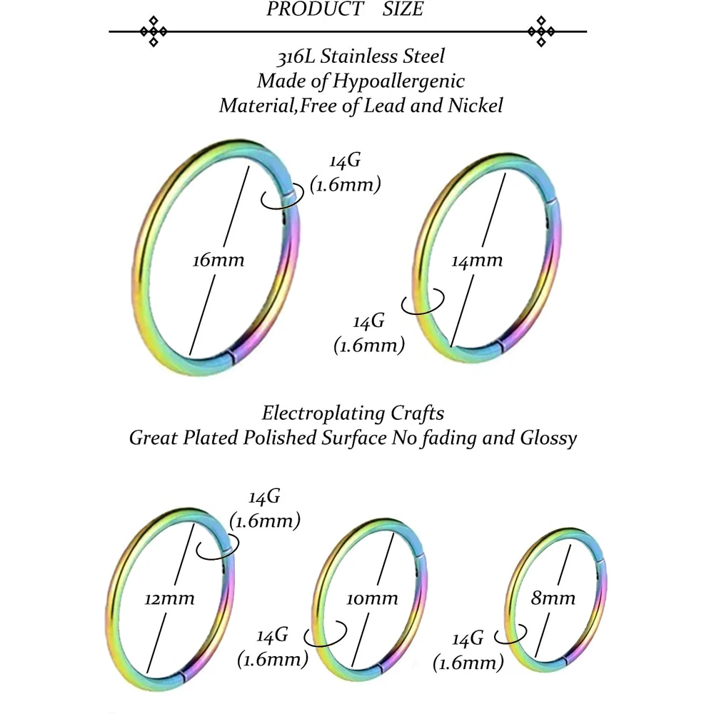 2Pcs/10Pcs 14G Rainbow Nose Rings 316L Stainless Steel Hinge Segment Cartilage Ear Screen Earring Hoops For Women And Men