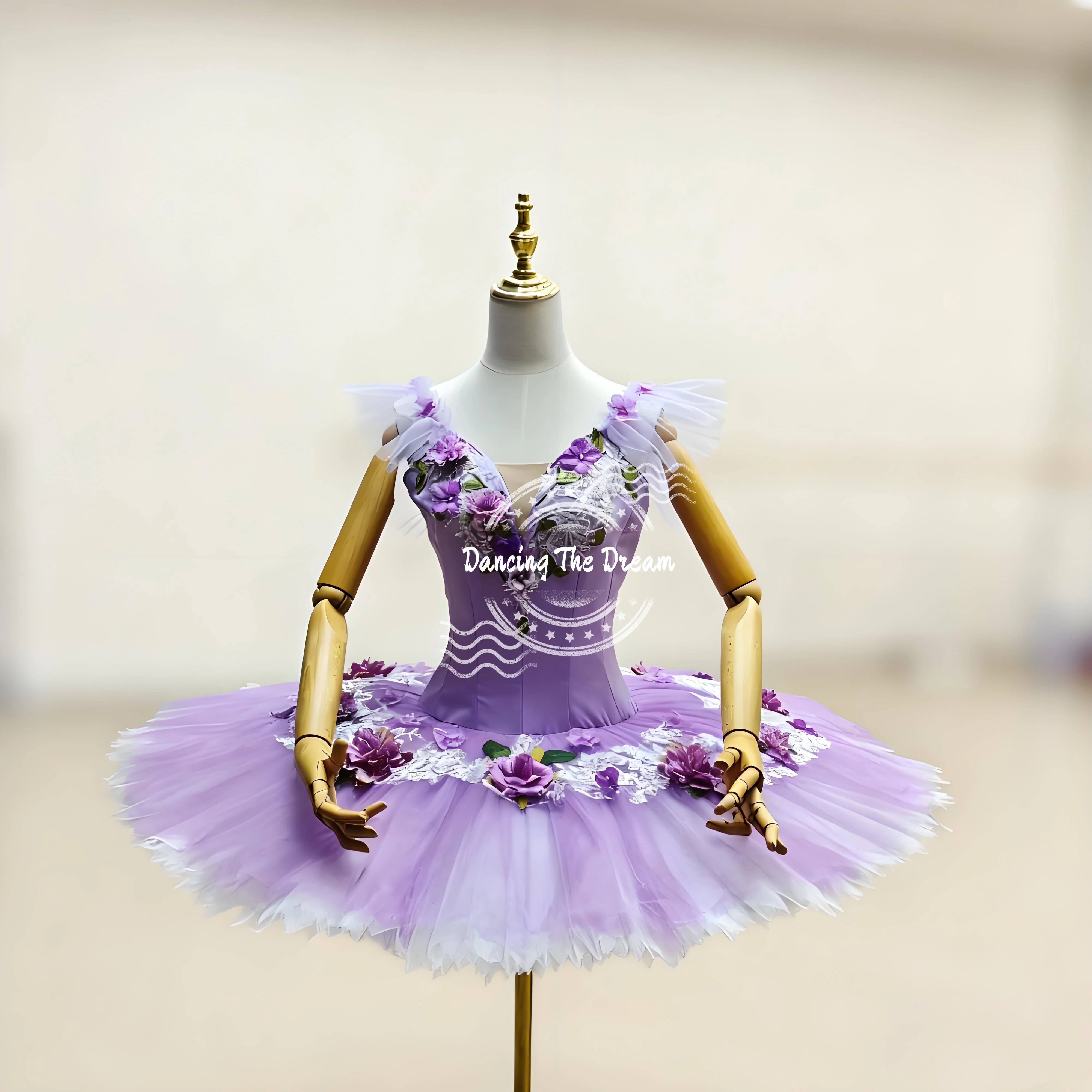 فستان باليه توتو مزين بالزهور من الخزامى للفتيات، زي رقص أنيق مع تنورة من التول الناعم