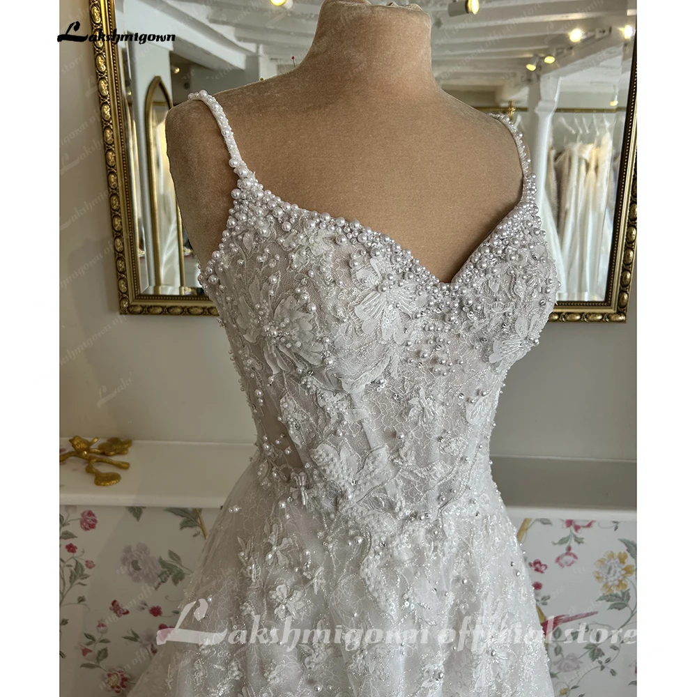 Lakshmigown Perlen Spitze Boho Strand Hochzeitskleider 2027 Vestidos Lange Brautkleider V-Ausschnitt Spaghettiträger Maßanfertigung – Detail 7