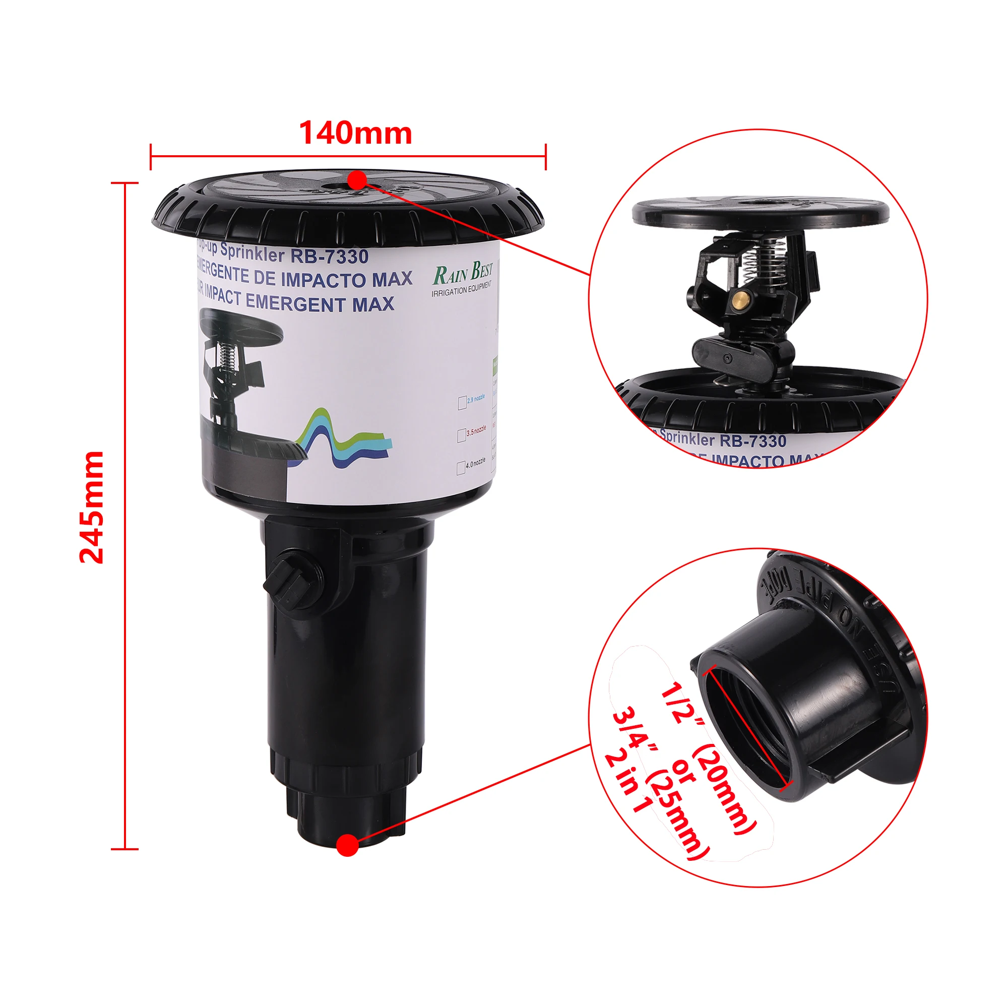 1/2" 3/4" Pulse Pop-Up Impact Sprinklerkopf, verstellbarer Rocker, rotierender vergrabener Sprinkler, flache Ackerland-Automatikbewässerung – Detail 7