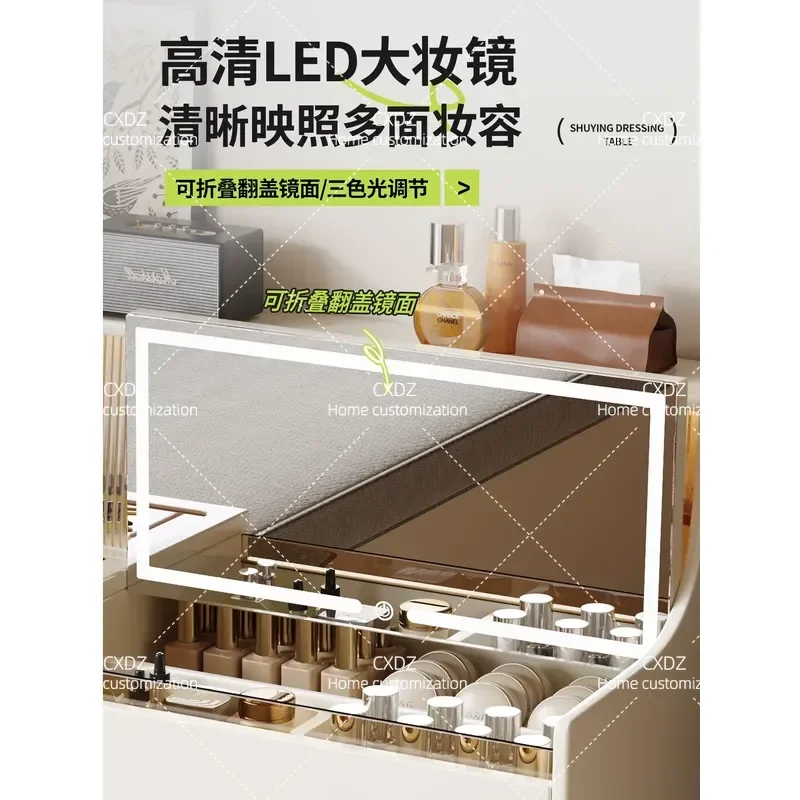 Warm White Solid Wood Dresser Makeup Table with Flip Top Bedroom Light Luxury Desk Storage Chest Integrated Vanity