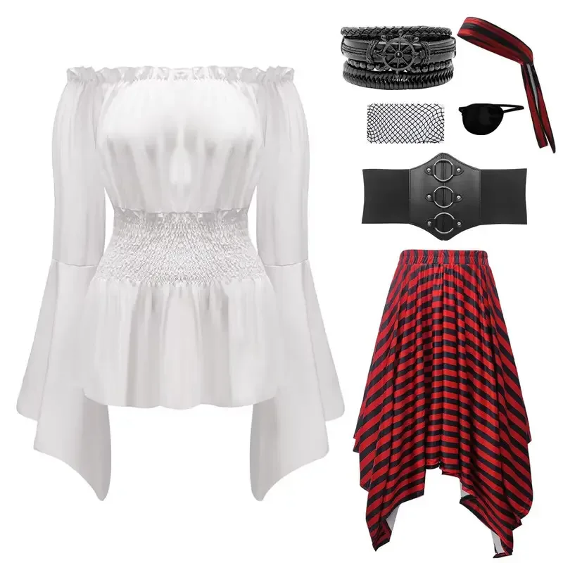 

Medieval Medieval Retro Womens Pirate Costume Cosplay Renaissance Blouse Tops Corset Waist Belt Pirate Skirt Pirate Halloween