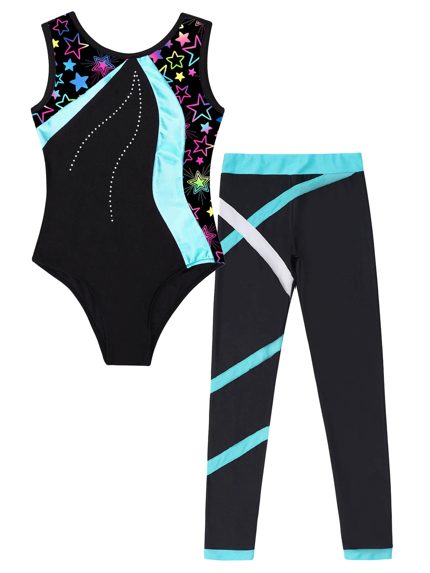 Kid Girls Sports Gymnastics Workout Leotard with Legging Pants Outfits Sleeveless Shiny Rhinestones Ballet Bodysuit Unitards Set