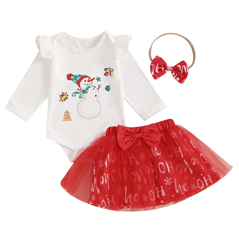 Baby Girls Christmas Outfits with Bow Headband Snowman Pattern Crew Neck Long Sleeve Fall Infant Romper and Skirt Sets