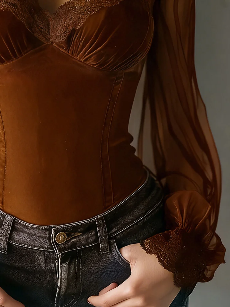 Vintage Elegante Mesh-Damenbluse Schwarze Transparente Slim-Fit Bluse mit Hohem Kragen Spitze Gothic Punk Korsett-Top Langarm Samt Mode-Blusen – Detail 15