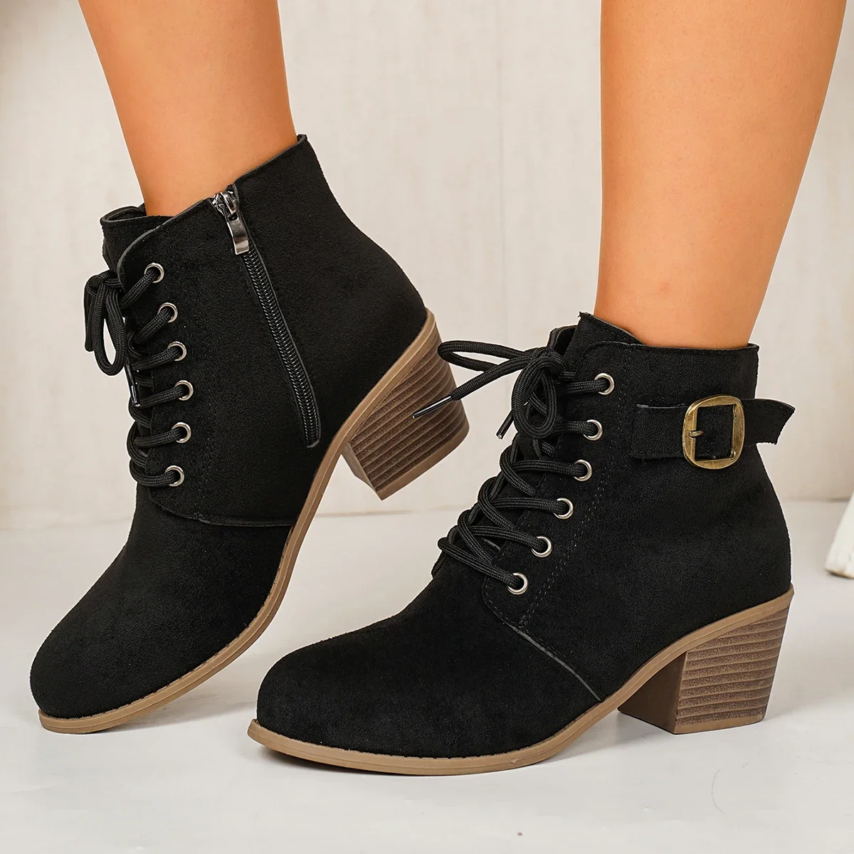 Women New Ankle Boots with Round Toe and Front Lace Up Short Boots Comfortable and Fashionable for Daily Casual Wear Size 36-43