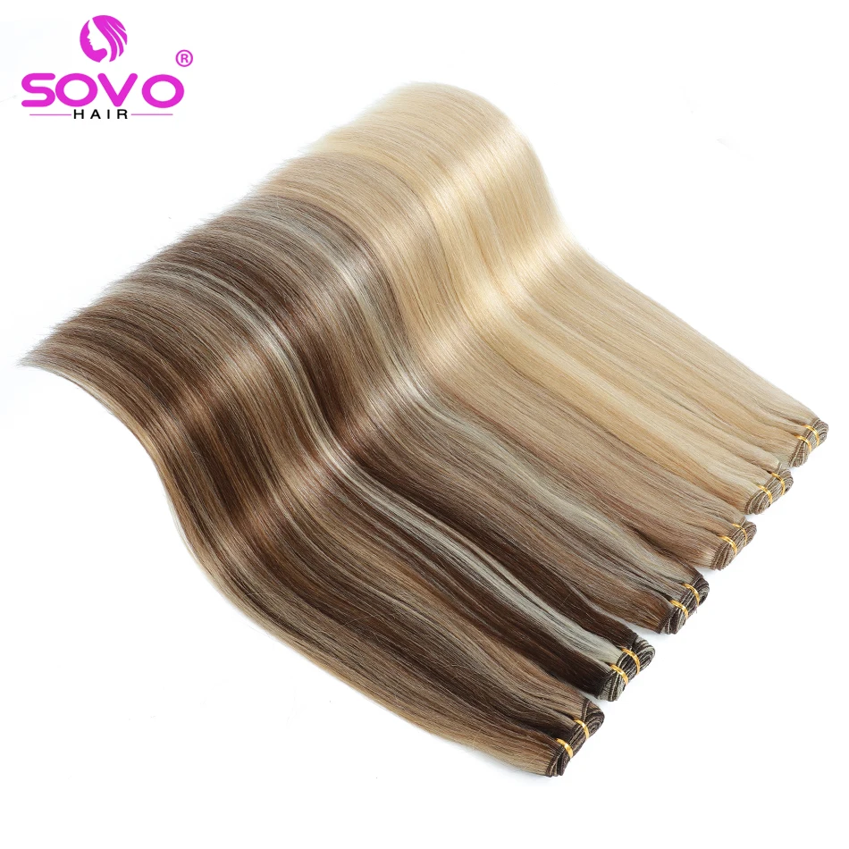 SOVO Human Hair Weft Indian Remy Hair Bundles Highlight Blonde Sew In Silky Straight Skin Double Weft For Salon Hair Extensions