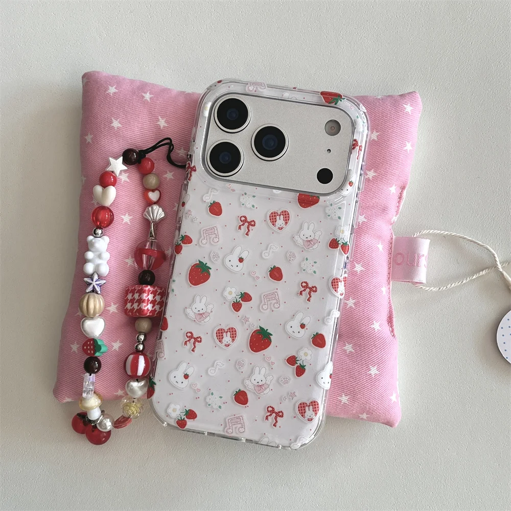 Niedliche Erdbeer-Kaninchen-Handyhülle für iPhone 17 14 15 Pro 16 Pro Max – Polka Dots Cartoon Stoßfeste Schutzhülle mit Scharnier – Detail 3
