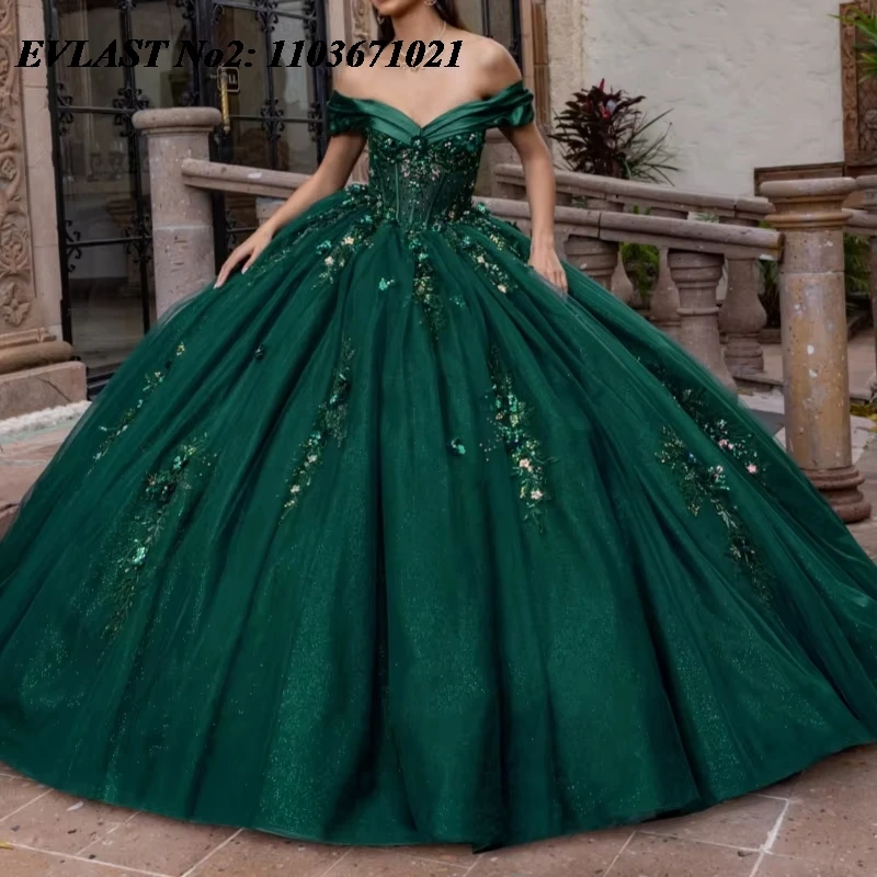 

EVLAST зеленое бальное платье по индивидуальному заказу, платье Quinceanera с открытыми плечами и блестками, аппликация, расшитое бисером, Sweet 16, Vestidos De 15 Anos E2Q51