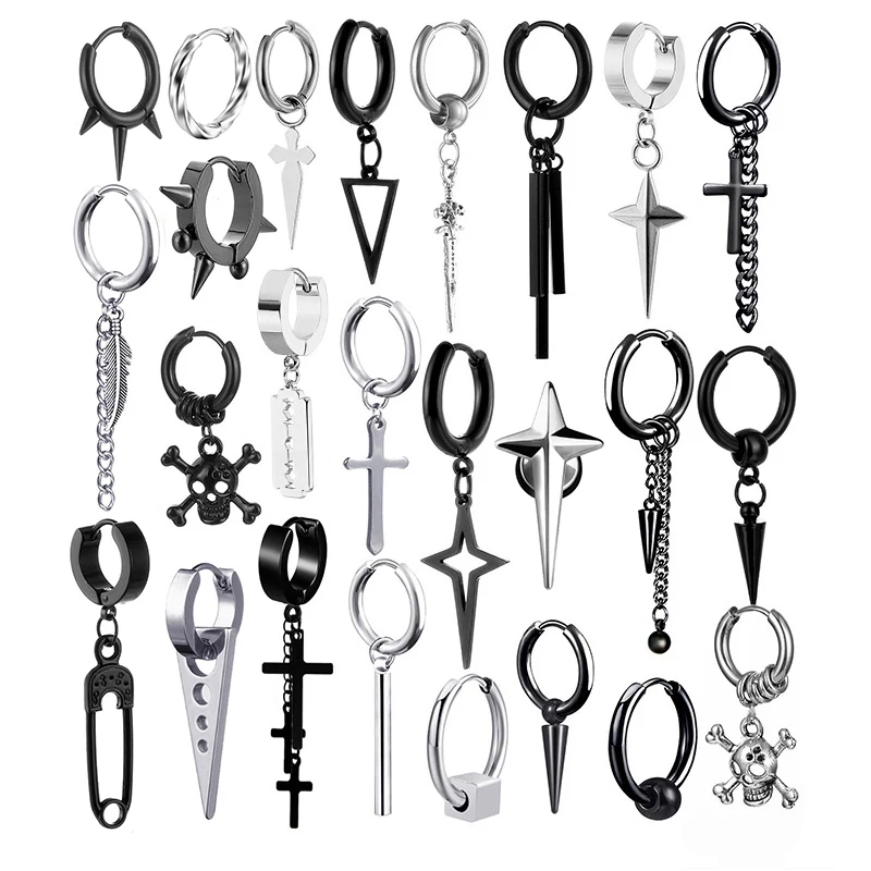 1 Pairs Punk Stainless Steel Stud Earrings Black/Steel Color Earrings Set For Men Women Vintage Hip Hop Piercing Ear Jewelry