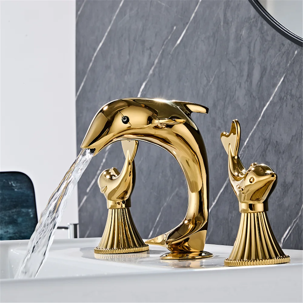 luxury Basin Mixer Hot And Cold shower room sink Faucet Tuqiu Dolphin Bathroom faucet widespread Gold Basin faucet Lavotory Tap