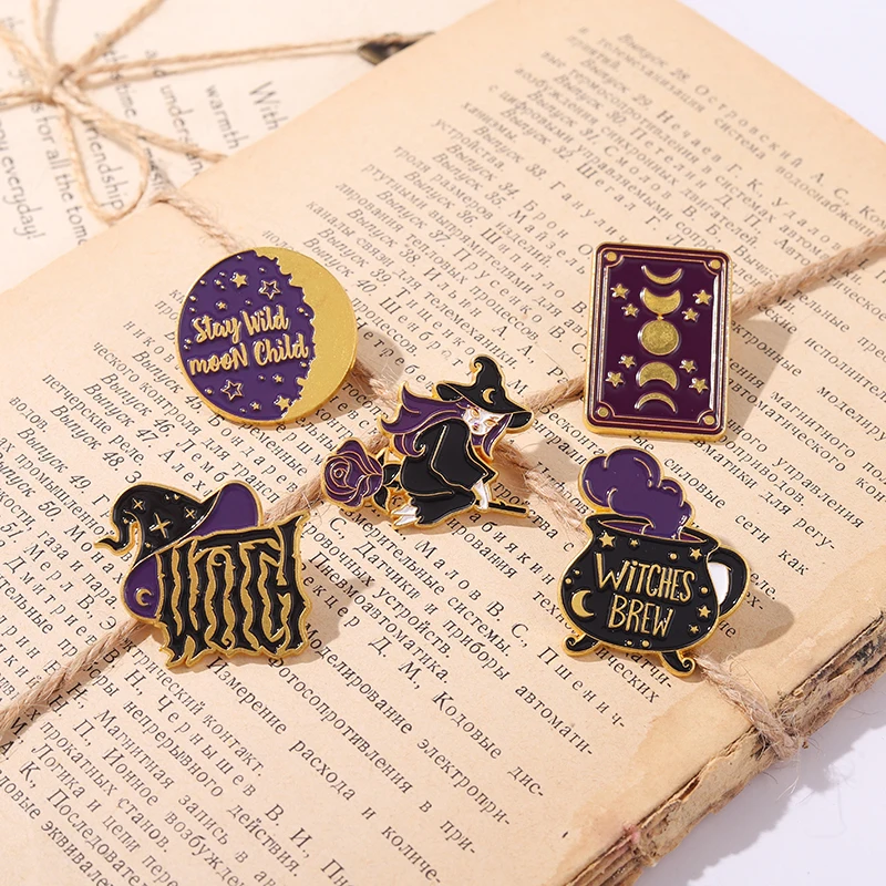 Witch Enamel Pin Witchcraft Brooch Tarot Cards Moon Phase Witches Hat Metal Badges Bag Clothes Pins Up Holloween Jewelry