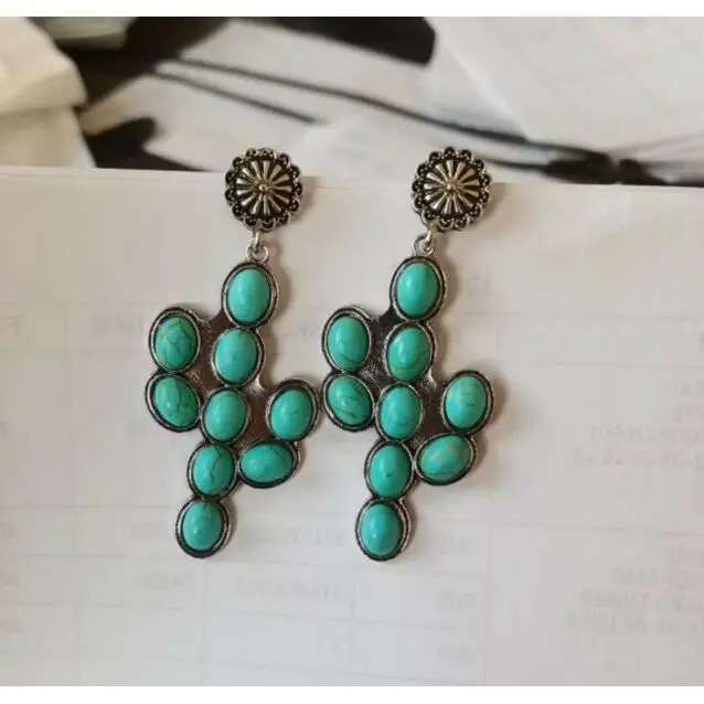 أقراط دائرية بنمط عرقية قديمة منقوشة على شكل صبار من الفيروز الأخضر المزيف، مجوهرات عصرية بنقش نباتي وزهري #3