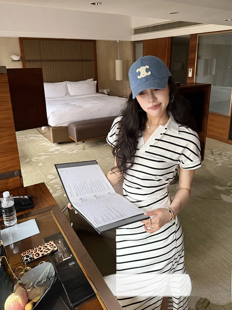 

Zhang a Xing Stripe Rhythm Cotton Blend Casual Dress High Elasticity Slim Fit Short Sleeve Flip Collar Side Slit Dress