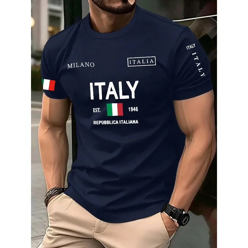 Unisex Italy Milano Themed Casual Tee 3D Flag Text Print Loose Fit Short Sleeve Comfort Streetwear Summer Daily Sports T‑Shirt