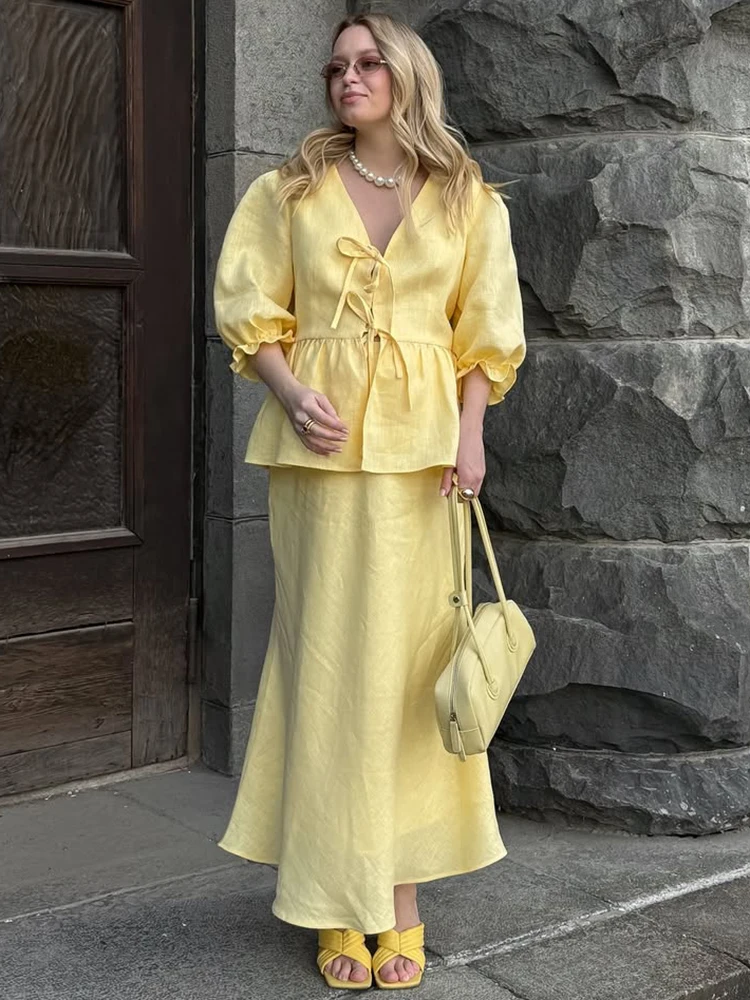 

Trendix Casual Ruffle Skirt 2 Piece Women Summer Fashion Lace Up Patchwork Short Sleeve Tops Vacation Loose Maxi Dress Sets 2025