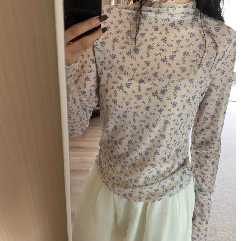2025 blusas mujer de moda floral gaze blusas coreanas roupas femininas simples túnica chique blusa verão ver através camisas topos