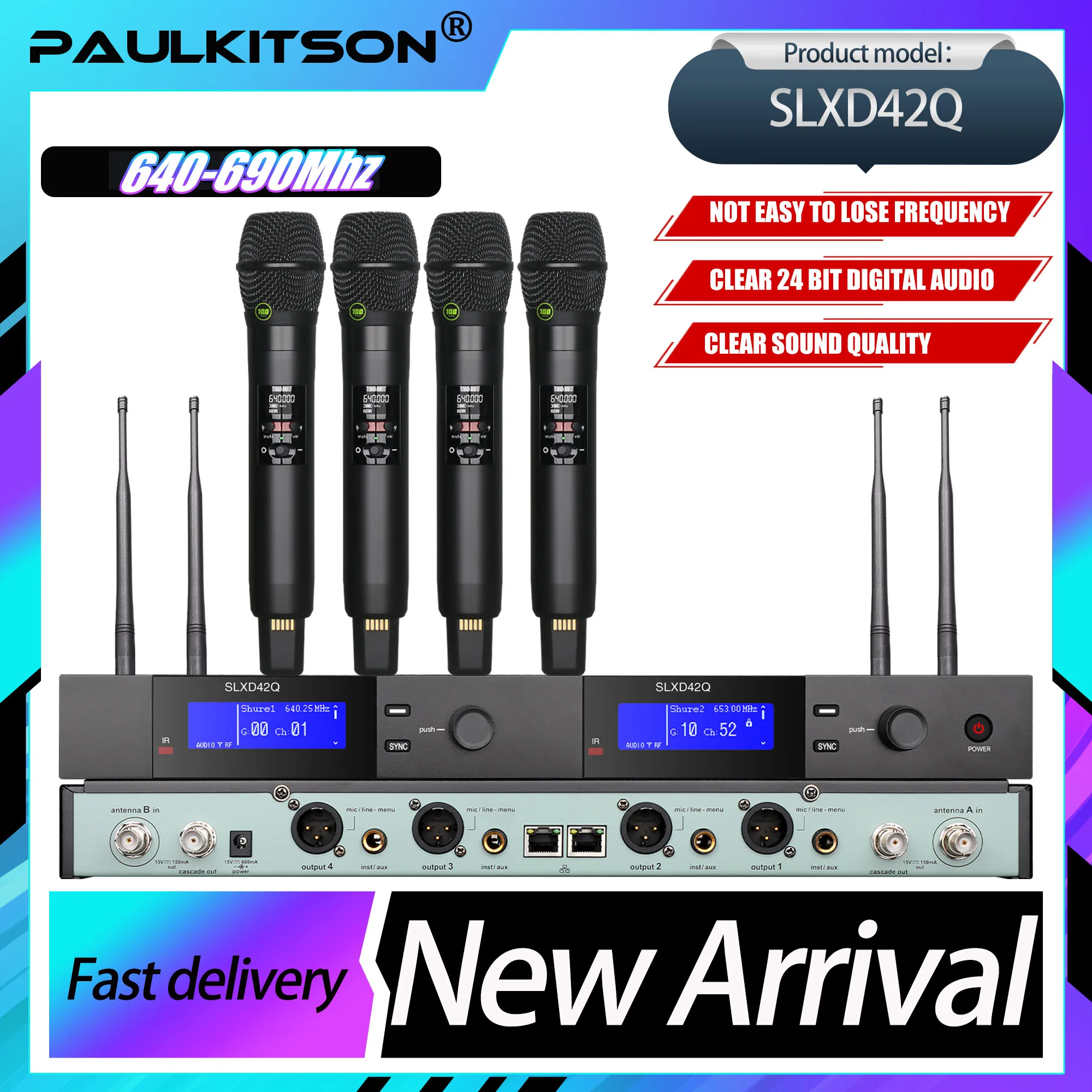 Paulkitson 4-Kanal SLXD 640-690MHz Drahtloses Handmikrofon Digitales High-End Professionelles Live-Streaming Dynamisches Mikrofon