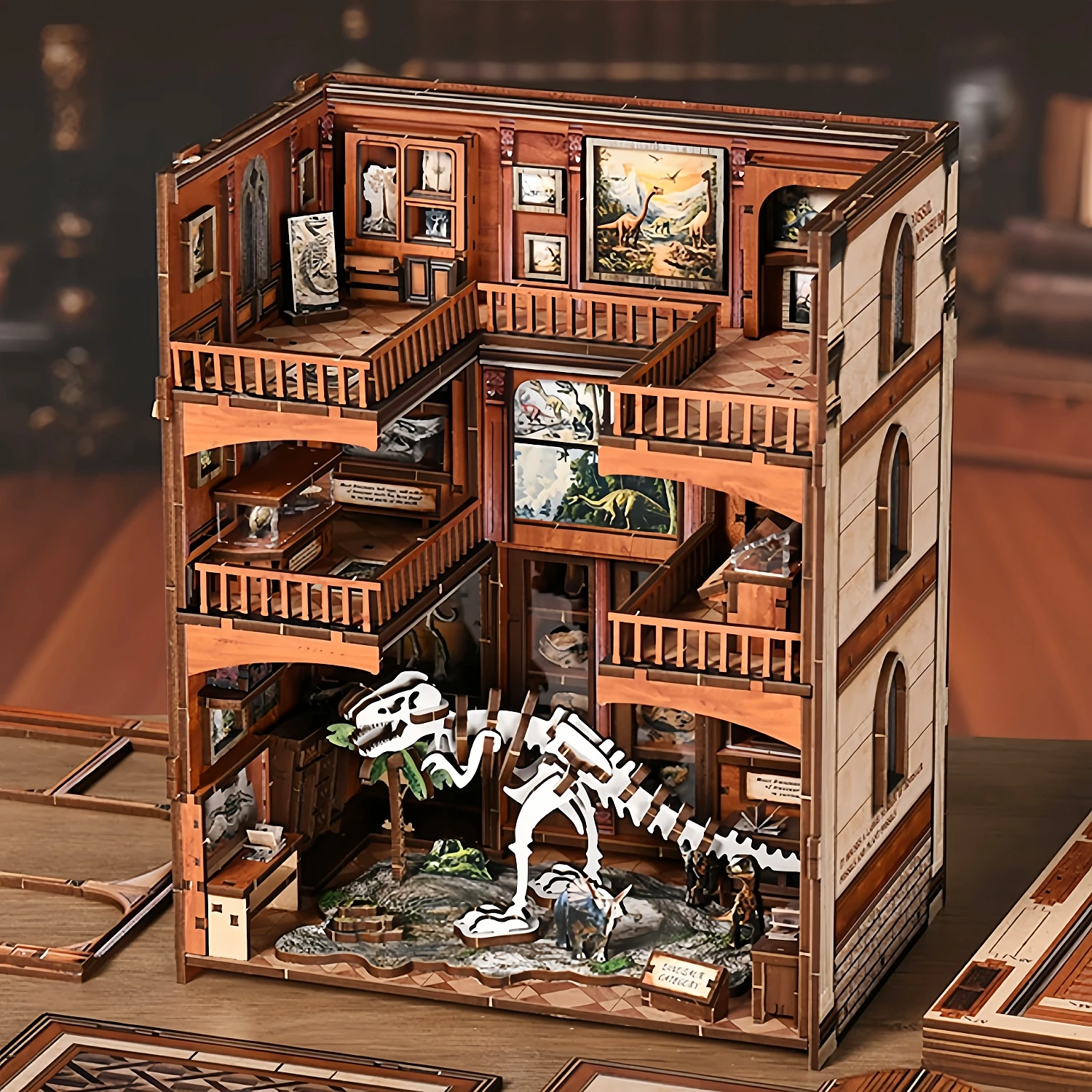 diy-wooden-fossil-museum-book-nook-shelf-insert-kits-miniature-model-kit-with-lights-dinosaur-bookend-for-friends-birthday-gifts