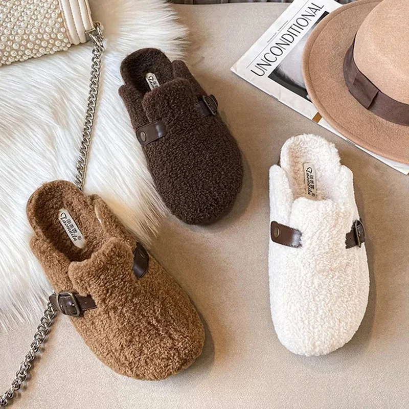 High Quality Lamb fur slippers women round toe buckle belt plush pantuflas female cork winter slides shoes woman furry slippers