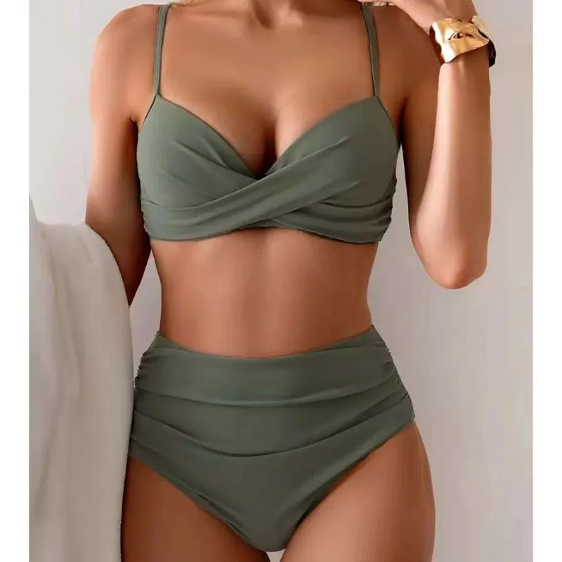 2026 Summer Solid Color Sexy Bikini Set Elegant Bohemian Style Spaghetti Strap Sweet Swimwear Beachwear Two-Piece Suits