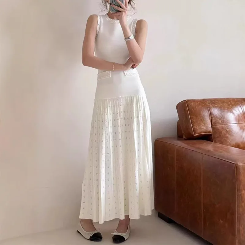 

Luxury Elegant Vintgae Knitted Dress Spring Summer O Neck Sleeveless Knitting Long Dress Evening Party Birthday Dresses