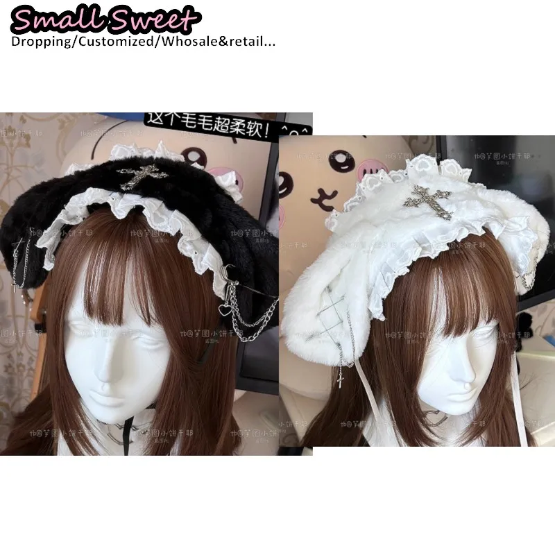 

Y2K girl Plush Rabbit ears Hair accessories Hair bands Goth Lolita Lace Ruffled Headband Hair Hoop Harajuku Cross Pin hair band
