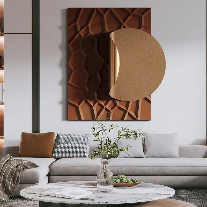 %S_ Factory Wholesale 3D Abstract Geometric Decorative Painting with Gold Accent Luxury Terracotta Wall Art for Living Room