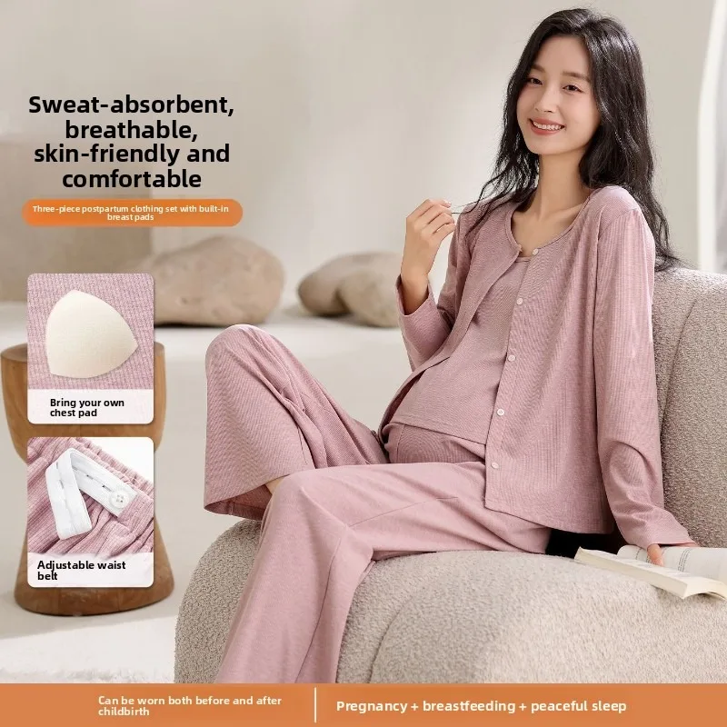 

Threaded Postpartum Wear Summer 3-Piece Set Maternity Nightgown with Built-in Bra Pads Postpartum Nursing Set Maternity Clothing