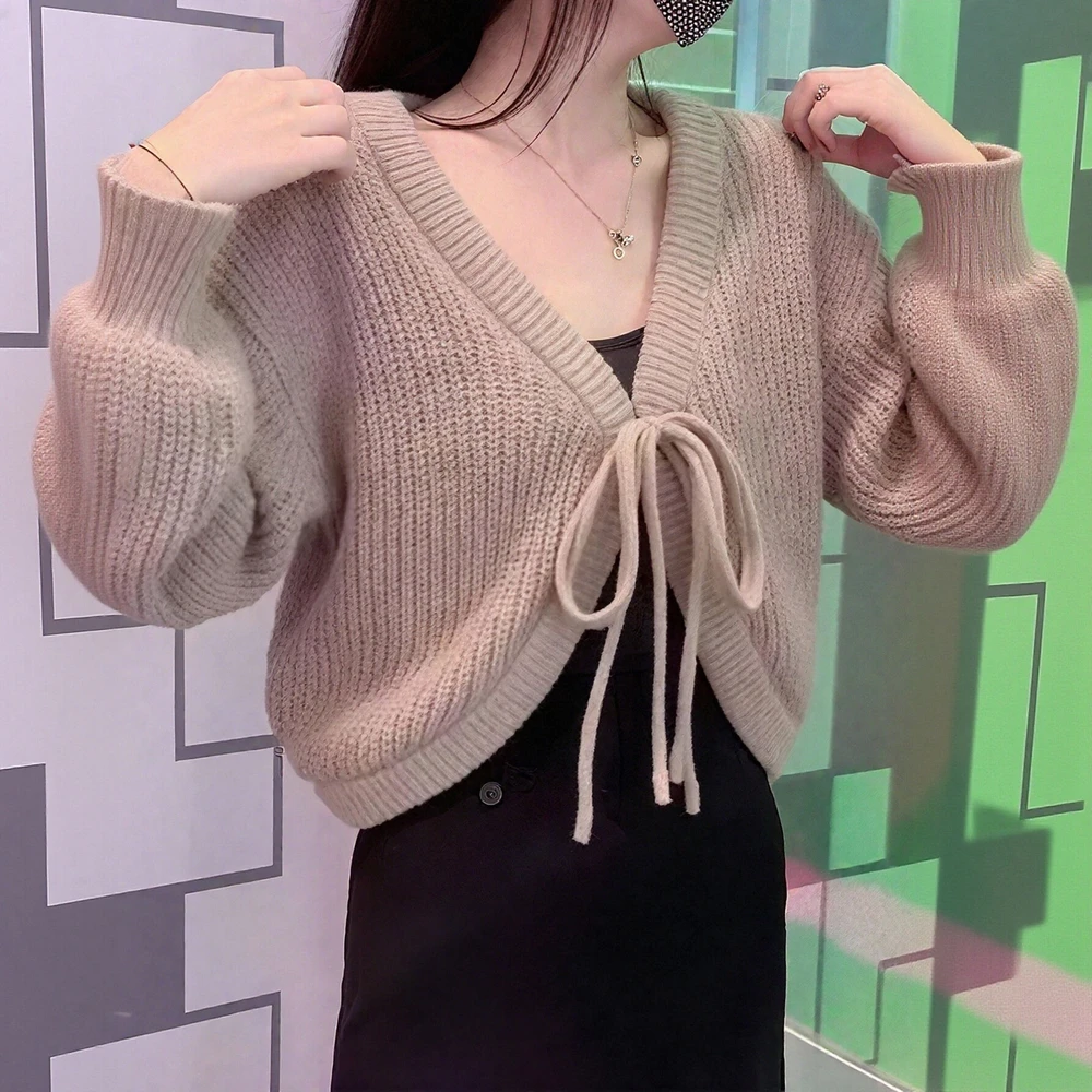 

Женский повседневный кардиган с круглым вырезом, облегающий трикотаж с длинными рукавами и открытой передней частью, прямой рукав-труба, без украшения