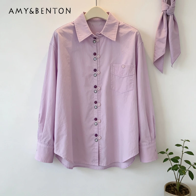 

2026 Spring New Purple Collared Multi-Button Long-Sleeve Women's Shirt Daily Commuting Elegant Loose Versatile Shirts Ladies