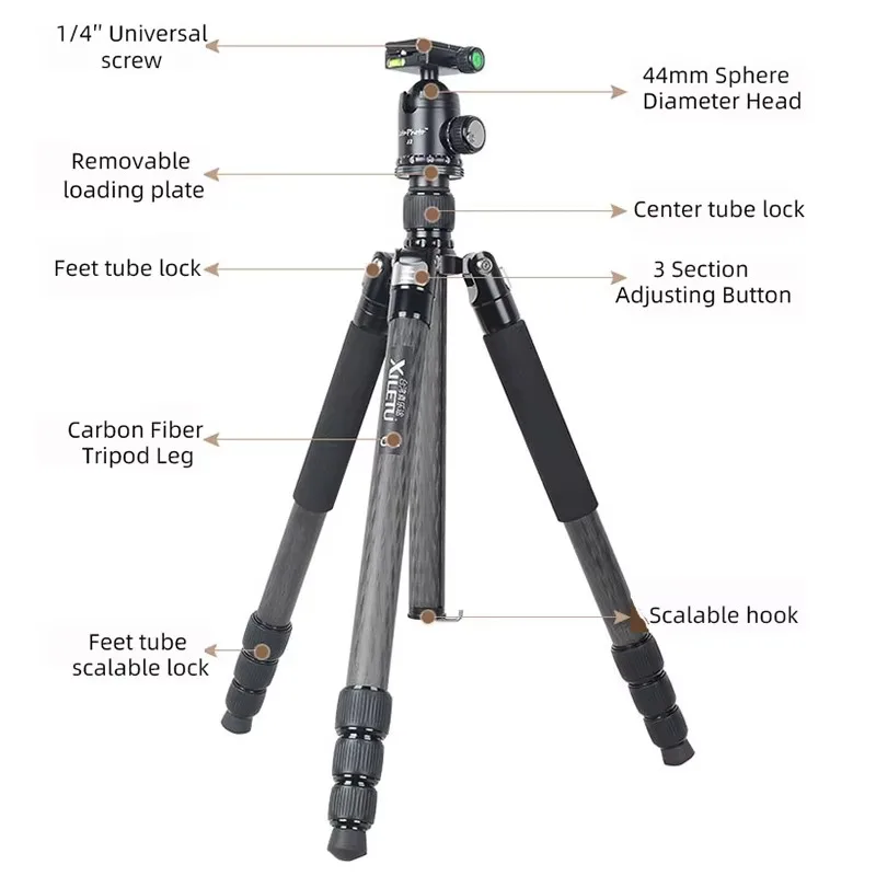 L-334C+J2 Carbon Fiber Tripod - Lightweight Travel Tripod For DSLR/Mirrorless/Smartphone With Ball Head & Quick Release