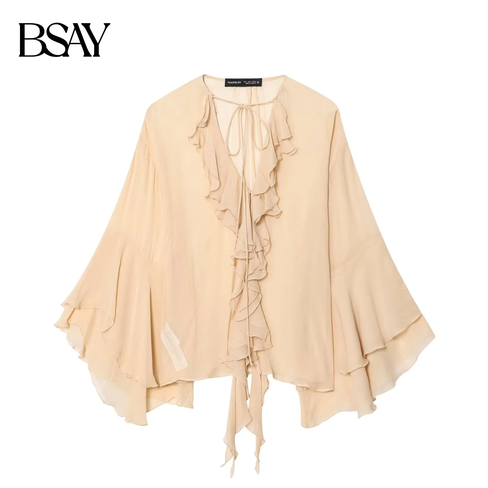 BSAY Women's Autumn New Collection 2025 Fashionable Versatile V-neck French Style Low neck Lace up Ruffle Flannel Sleeve Shirt