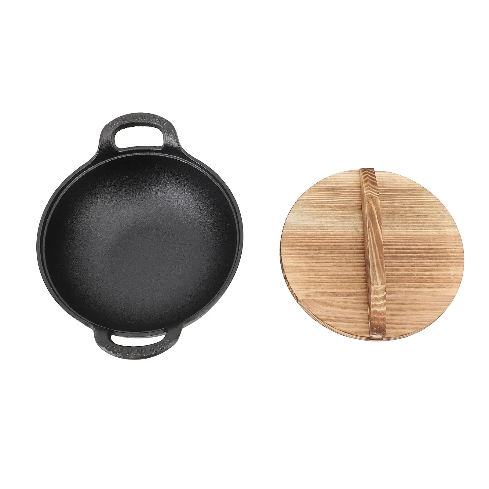 Cast Iron Wok Wooden Lid Flat Base 2 Loop Handle Even Heat  Multifunctional Stir Fry Pan for Kitchen