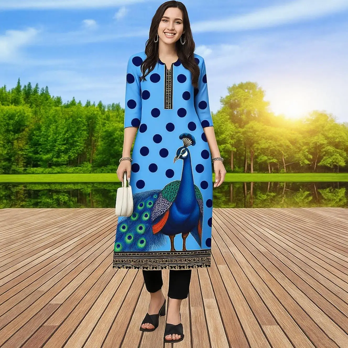 مسلم كورت المرأة عارضة أزياء اللباس الطاووس أنبوب مستقيم عارضة العرقية الطاووس النمط الوطني Islamische Kleidung Frauen