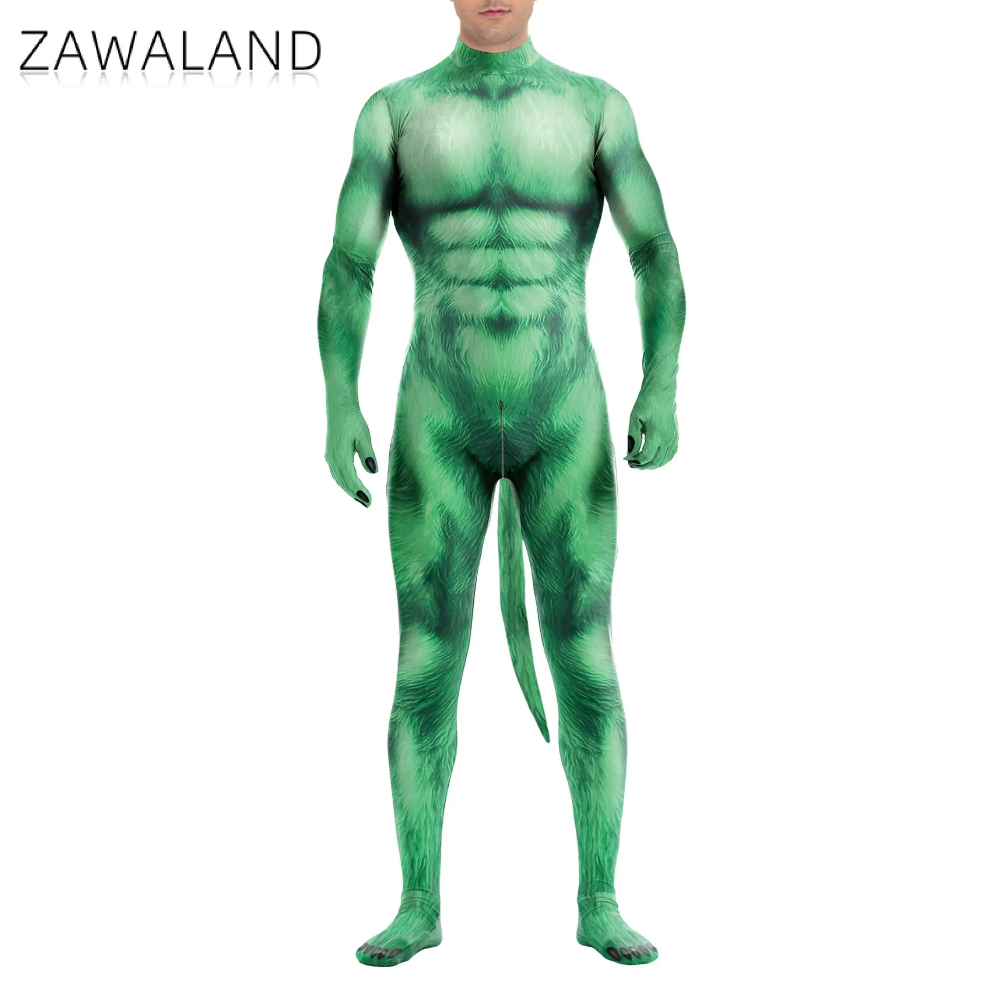 Zawaland Cosplay Green Petsuit with Dog Tail Men Funny Costume Festival Jumpsuits Full Cover Zentai Suit Halloween Party Clothes