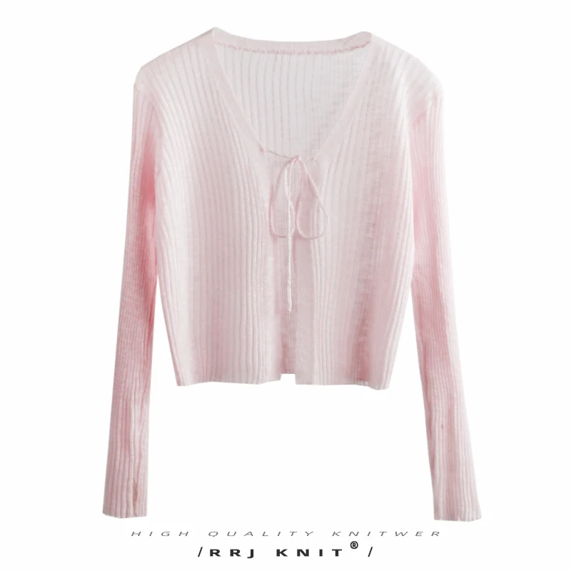 สลิมฟิตเปิดคาร์ดิแกนเอวสูง Belted Svel ผู้หญิงฤดูร้อนบางเฉียบป้องกันแสงแดดสีบริสุทธิ์อเนกประสงค์พร้อมกระโปรง