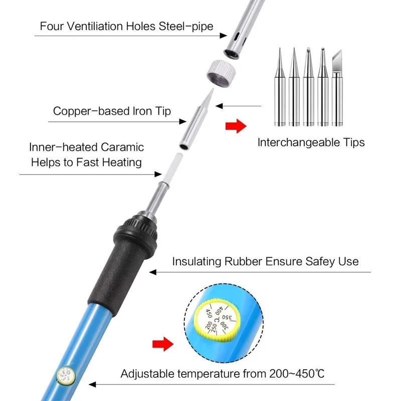 60W Adjustable Temperature Electric Soldering Iron Electric Soldering Iron Solder Tin Welding Solder Heating Nib Repair Tools