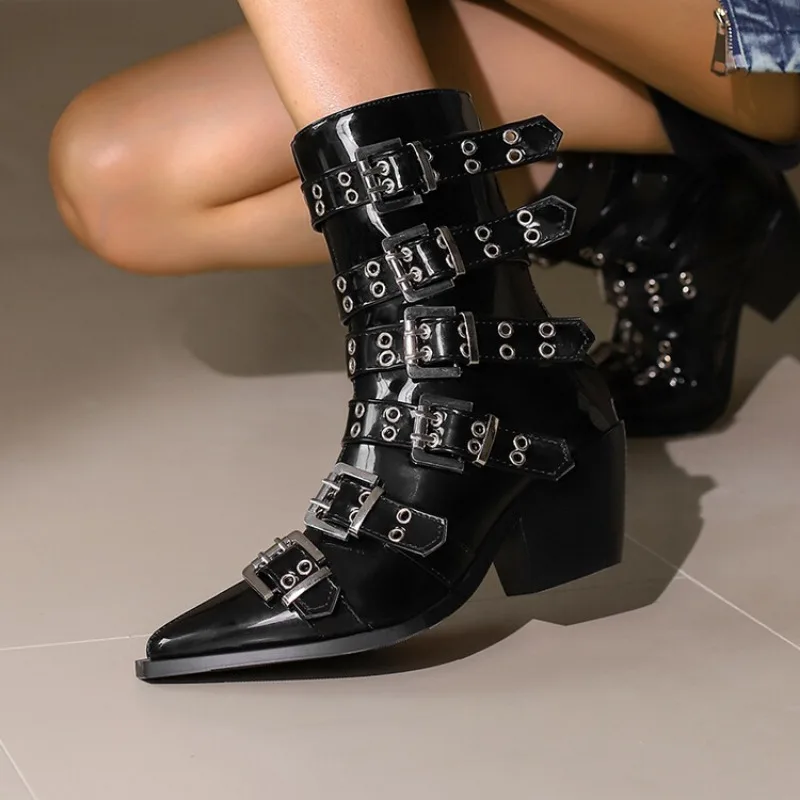 Punk Style Rivet Belt Buckle Knight Boots Autumn Winter Fashion Women Black Back Zipper Steel Pipe Dance Motorcycle Boots 35-46