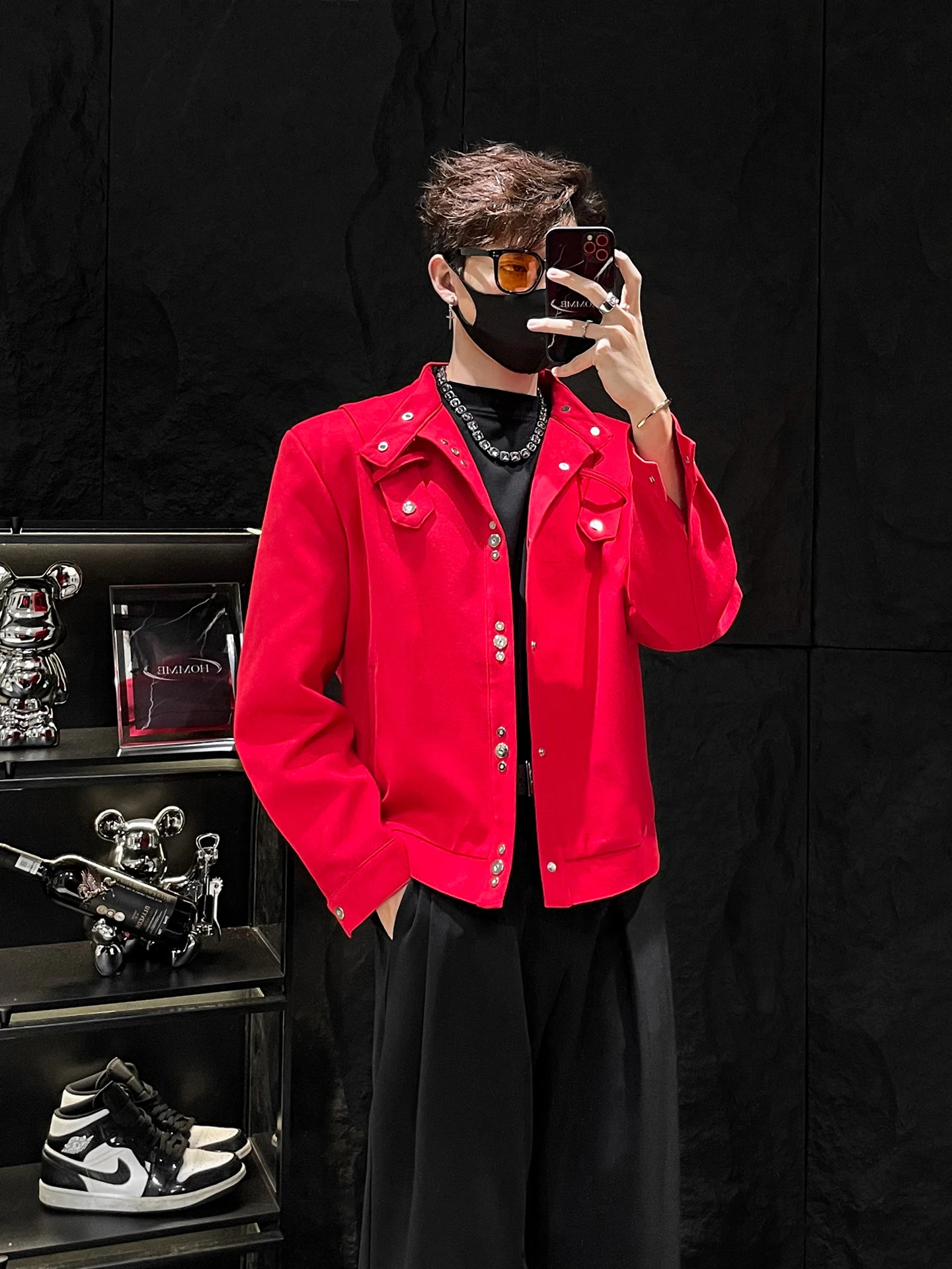 

Red Stand Collar Padded oulder Long Sve Men's Jaet Loose ort Sle No Stop Mirror HOMME Advanced Feeling Korean Sle
