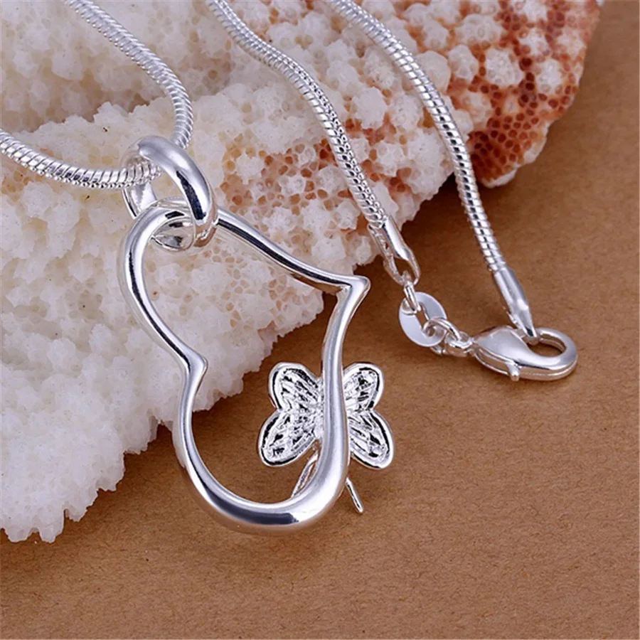 Hot luxury Butterfly 925 Silver Plated For Women Necklace Jewelry Fashion Cute Heart Pendant Snake P090