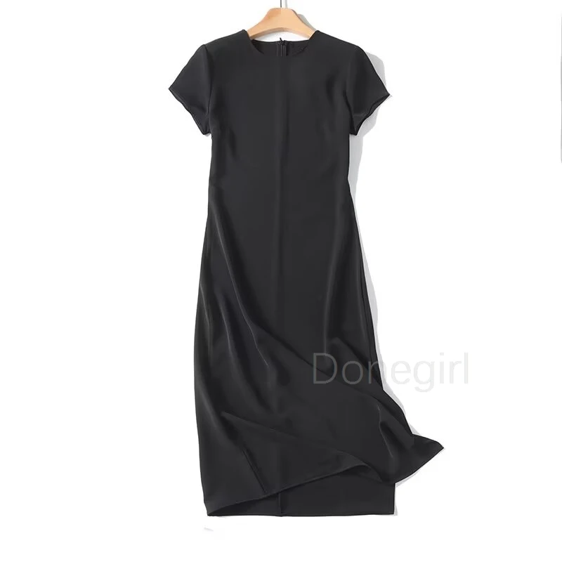 Donegirl Minimalism Solid Dresses for Women Summer 2024 New O-neck Slim Zip Slit Design Midi Dresses Women Clothes