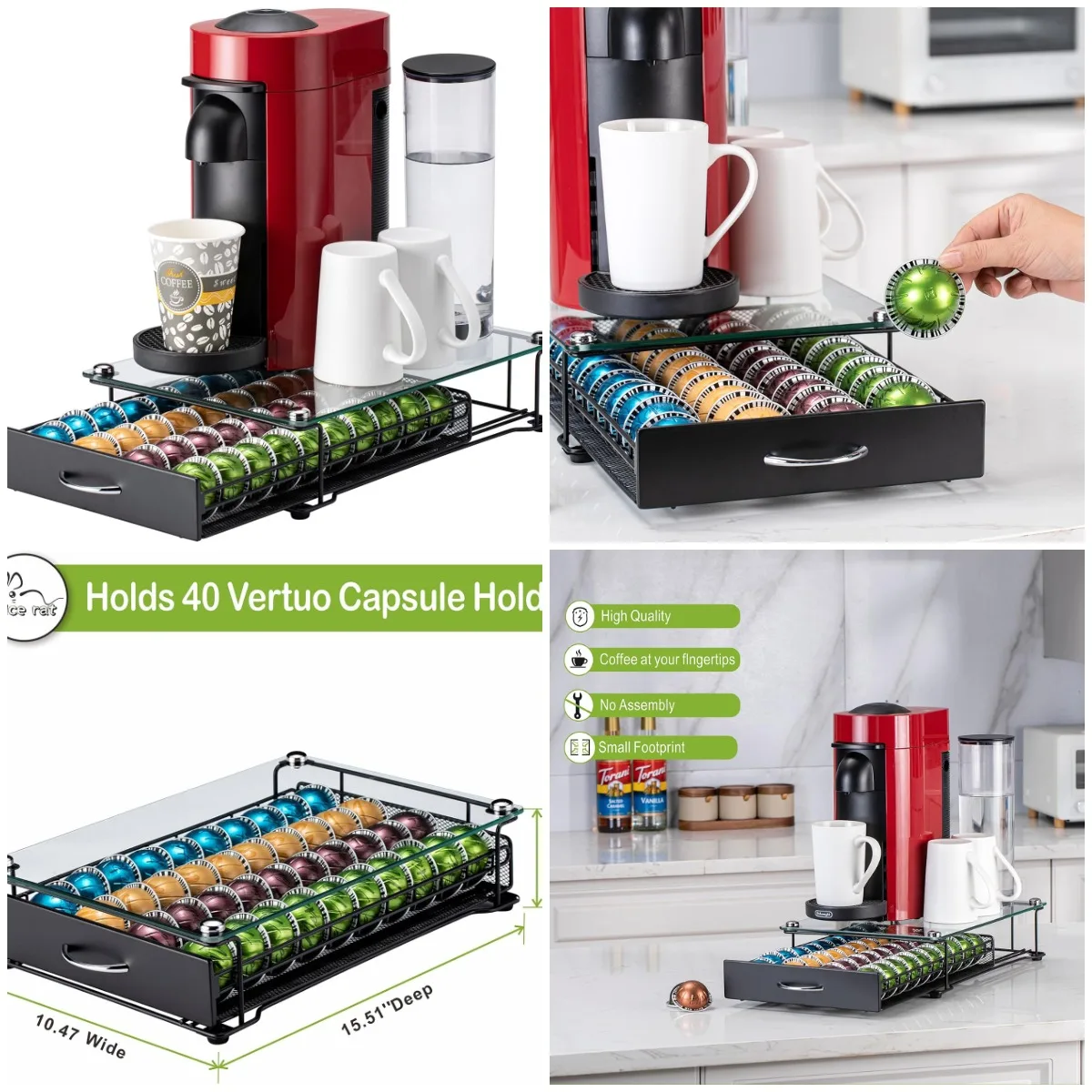 

Vertuo Capsule Holder Drawer for Nespresso with Glass, Cabinet Storage Rack for Counter (Class-40 Pods, With Handle)