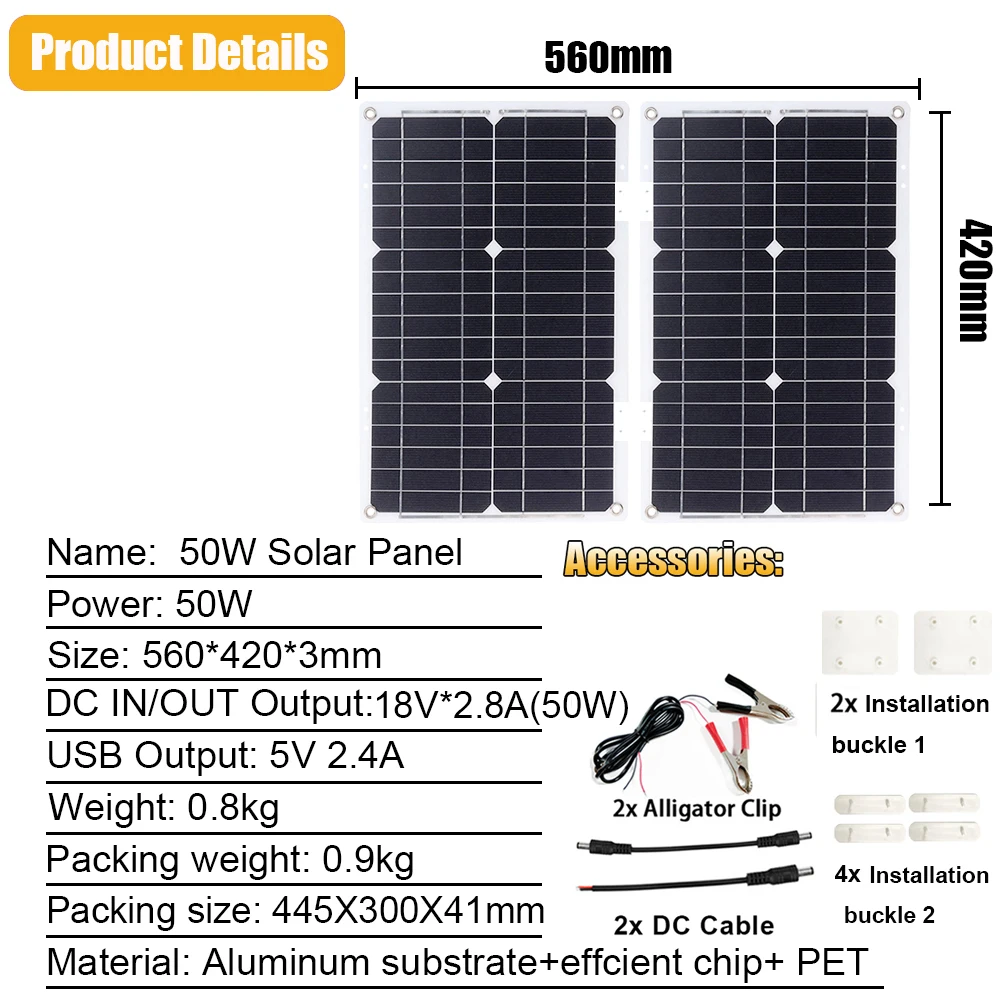50W 18V Mono Solar Panel + Y4000 Car Power Inverter Kit 300W/500W Rated 4000W/6000W Peak 12V to 110V/220V LED Display 8-Protecti